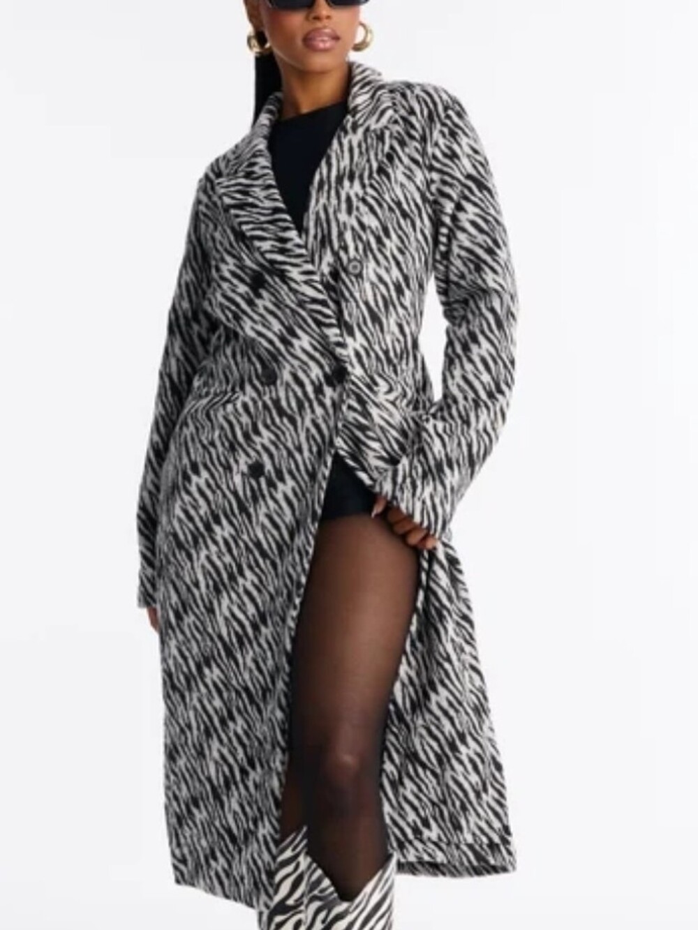 Zebra-Print Long Trench Coat in Black & White Sz M OR L